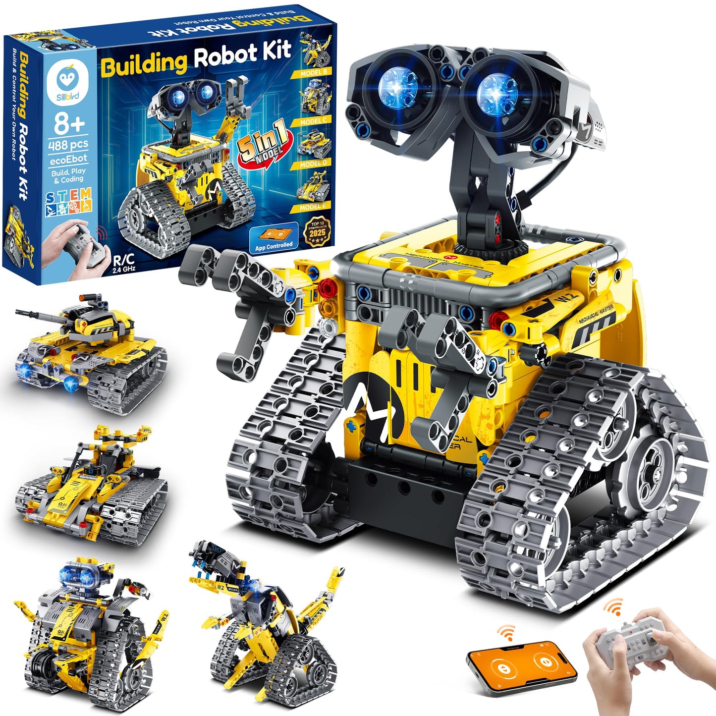 Sillbird 5-in-1 Robot Building Kit with Remote Control, 488 Pieces