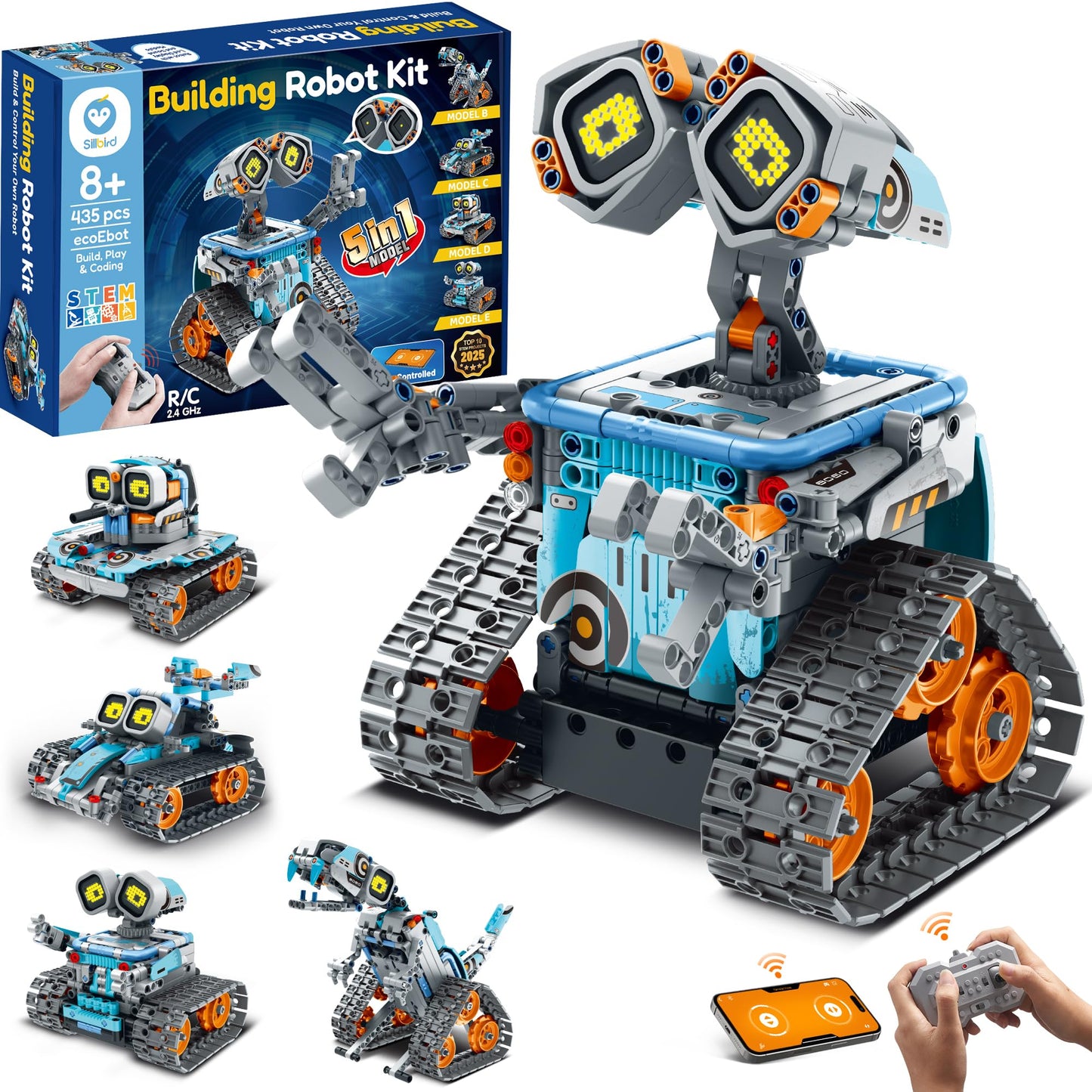 Sillbird Robot Building Kit with Remote – 5-in-1 STEM Toys (435 Pieces)
