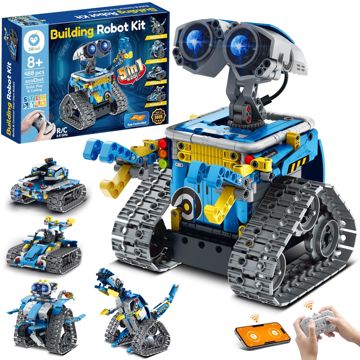 Sillbird 5-in-1 Robot Building Kit with Remote – STEM Coding Toys for Kids 8-12, 488 Pieces