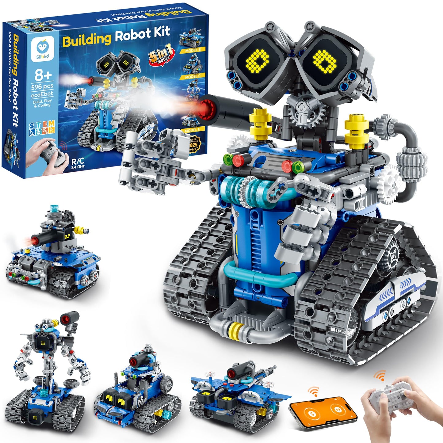 Sillbird 5-in-1 STEM Robot Kit with Remote Control for Ages 8–14 | 596 Pieces