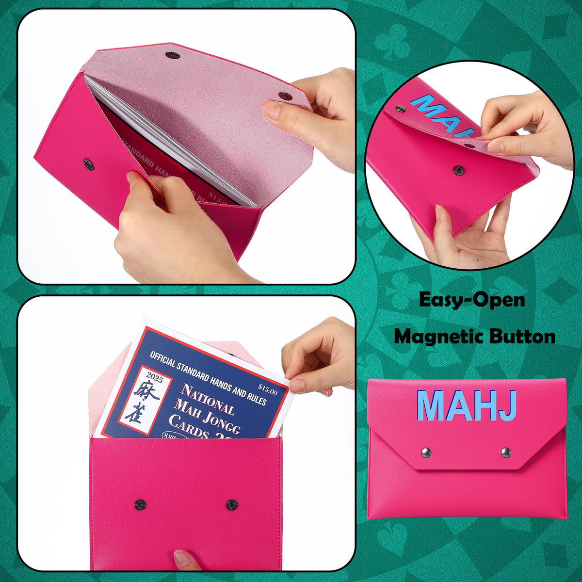SilTriangle Leather Mahjong Card Clutch Holder – Hot Pink, 7x5 in | Secure Magnetic Closure