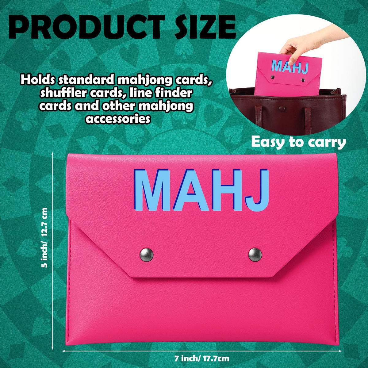 SilTriangle Leather Mahjong Card Clutch Holder – Hot Pink, 7x5 in | Secure Magnetic Closure
