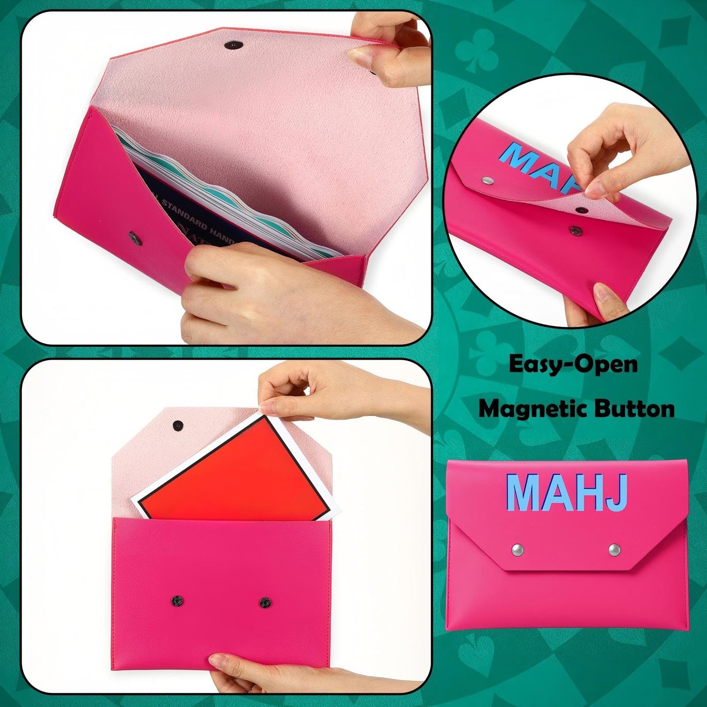 SilTriangle Leather Mahjong Card Clutch Holder – Hot Pink, 8x6 in