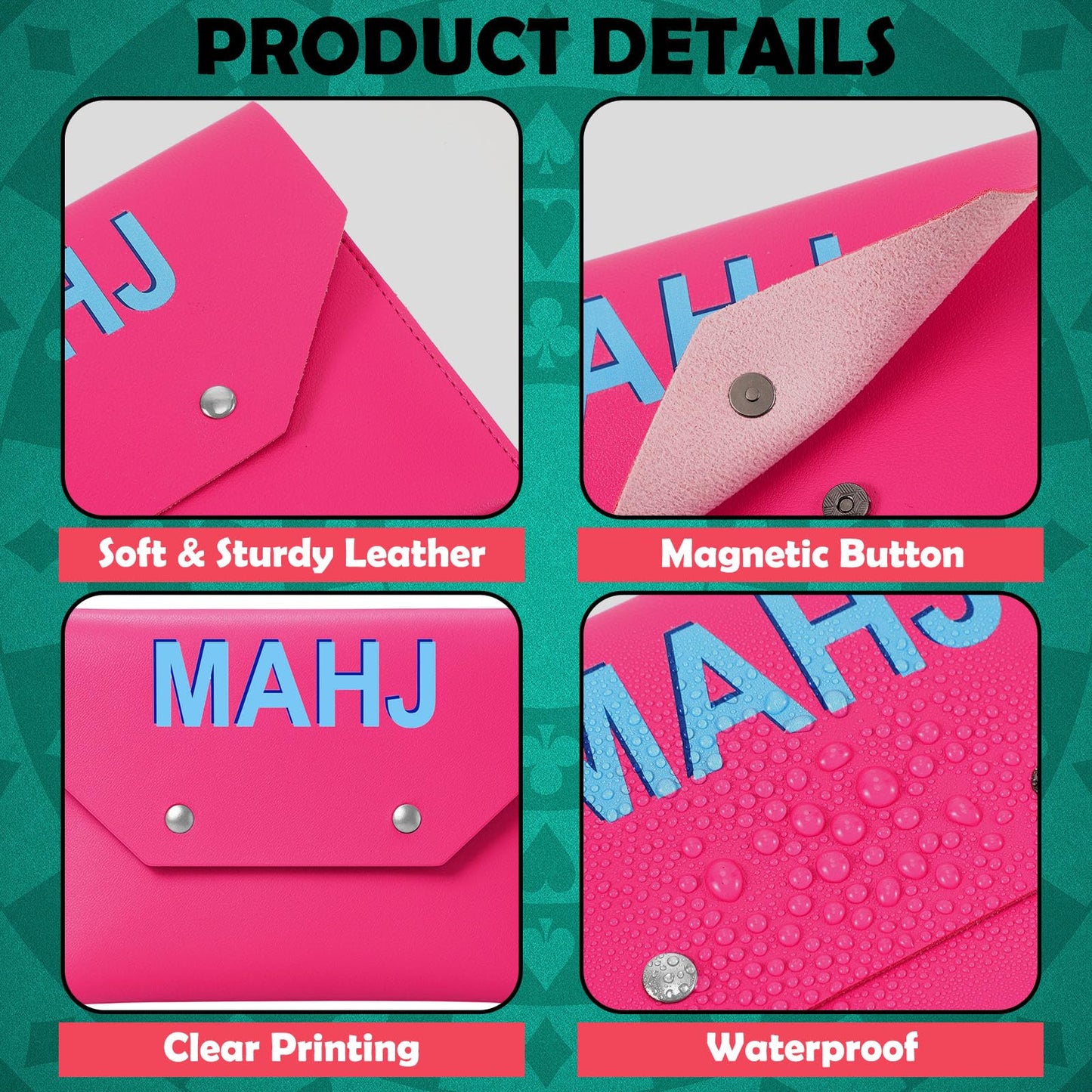 SilTriangle Leather Mahjong Card Clutch Holder – Hot Pink, 8x6 in