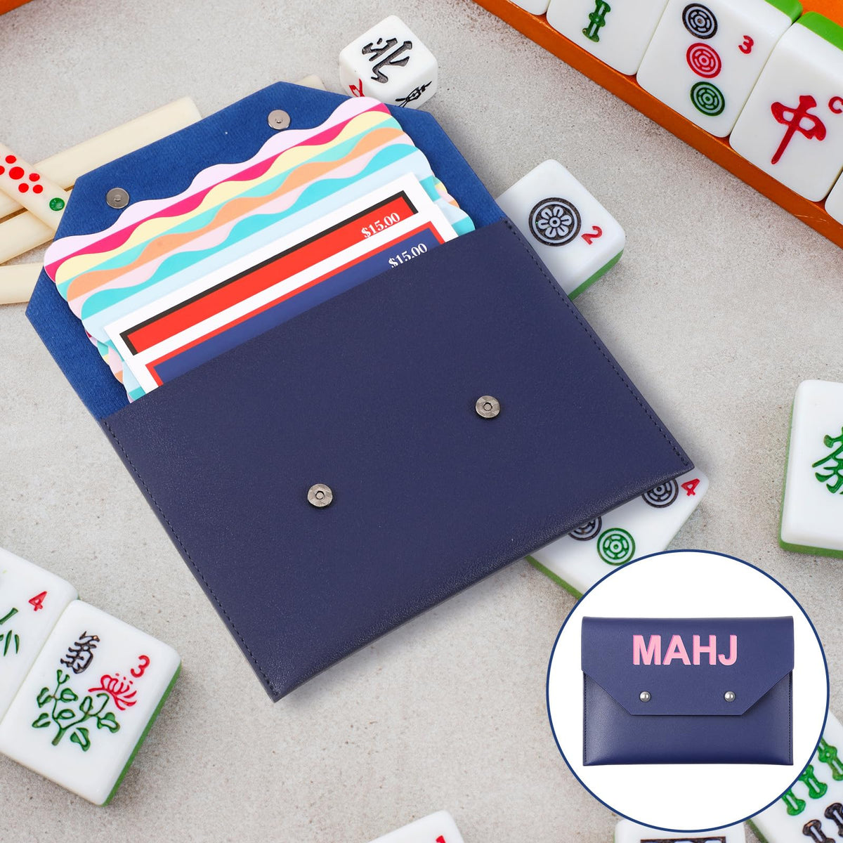 SilTriangle Leather Mahjong Card Holder – Navy 8x6 Inch Pouch with Magnetic Closure