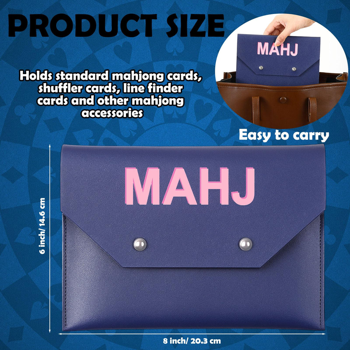 SilTriangle Leather Mahjong Card Holder – Navy 8x6 Inch Pouch with Magnetic Closure