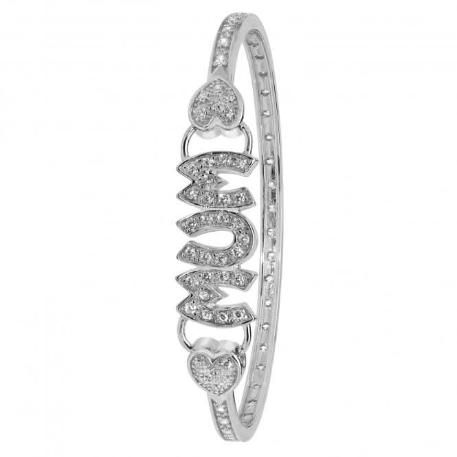 Acotis Silver Bangle Oval Mum & Double Hearts Zirconia Hinged G4035