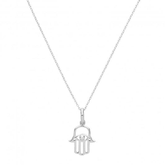 Acotis Silver Necklace Rhodium Plated Hamsa With Single Zirconia G3377