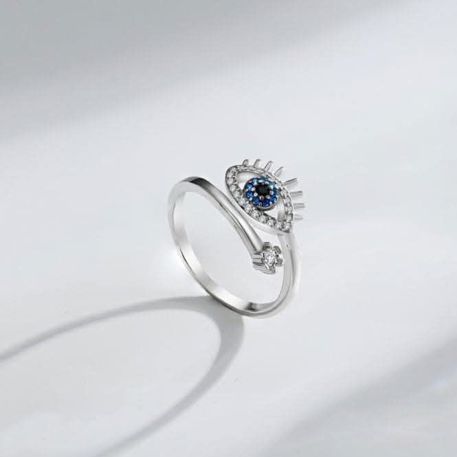 Silver Rhodium Plated Sparkling Zirconia Adjustable Blue Evil Eye Ring ERLR013