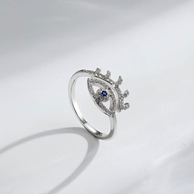 Silver Rhodium Plated Sparkling Zirconia Adjustable Evil Eye Ring ERLR014