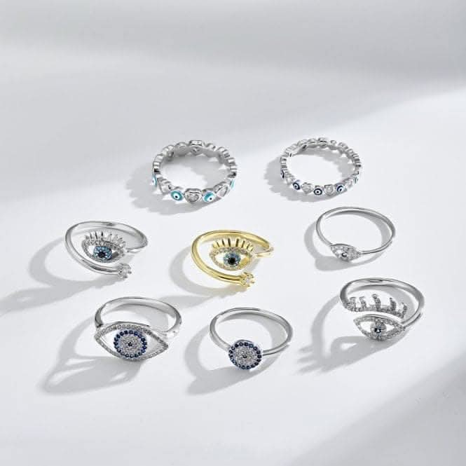 Silver Rhodium Plated Sparkling Zirconia Adjustable Evil Eye Ring ERLR014