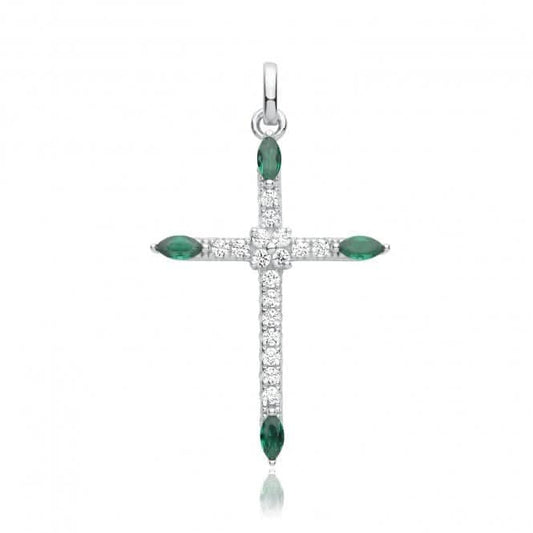 Acotis Silver Pendant Rhodium Plated Zirconia Cross Green G61130E