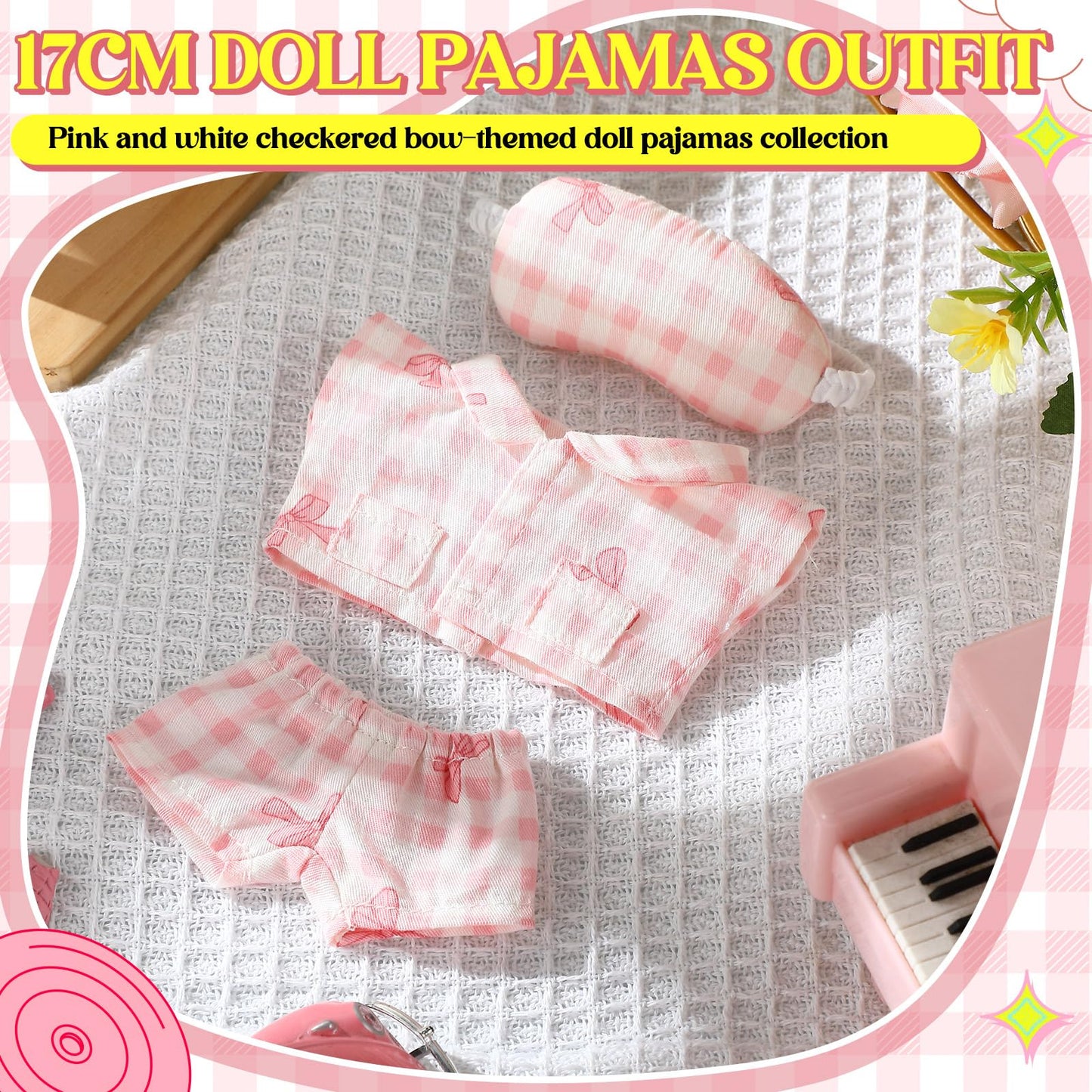 Simgoing 17cm Doll Pajama Set with Eye Mask – Pink Bow, Easy Dress-Up for 5–7 Inch Dolls