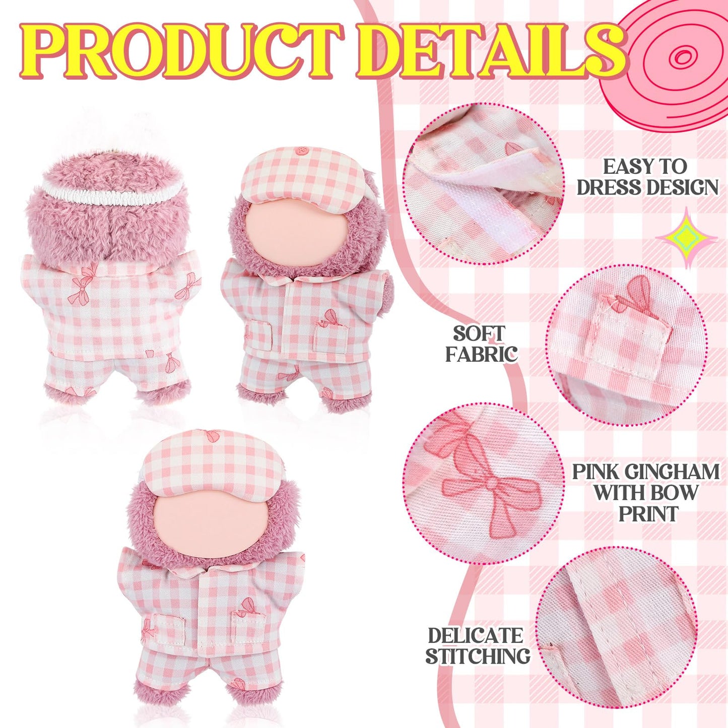 Simgoing 17cm Doll Pajama Set with Eye Mask – Pink Bow, Easy Dress-Up for 5–7 Inch Dolls
