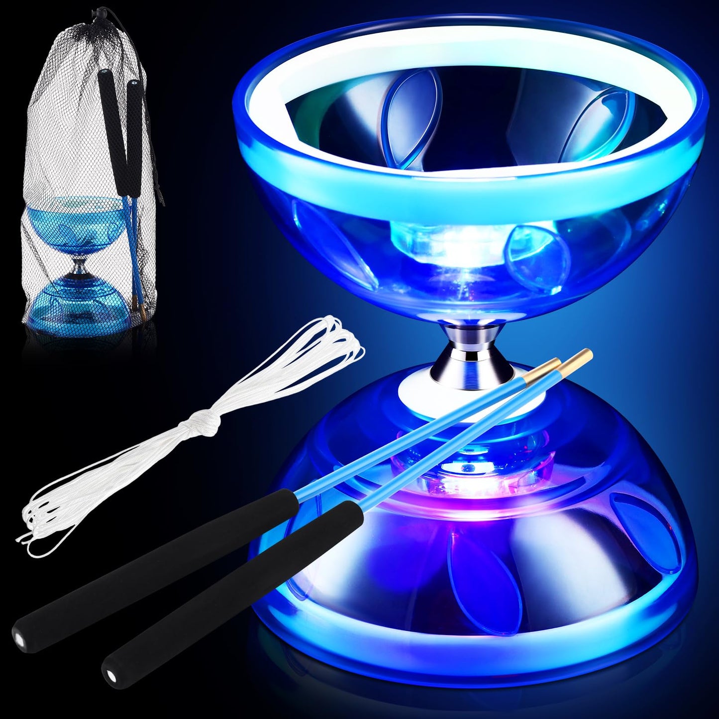Simgoing LED Chinese Yoyo Diabolo Set – Blue Light-Up Diabolo with Sticks and Rope
