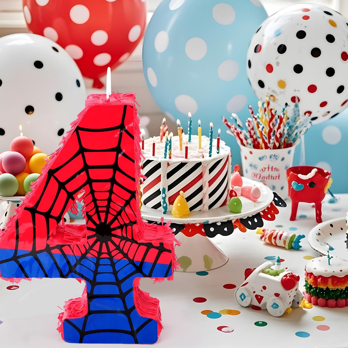 Simgoing Number 4 Spider Web Piñata Bundle – Red & Blue Party Decor, 15.75 x 11 x 2.8 in