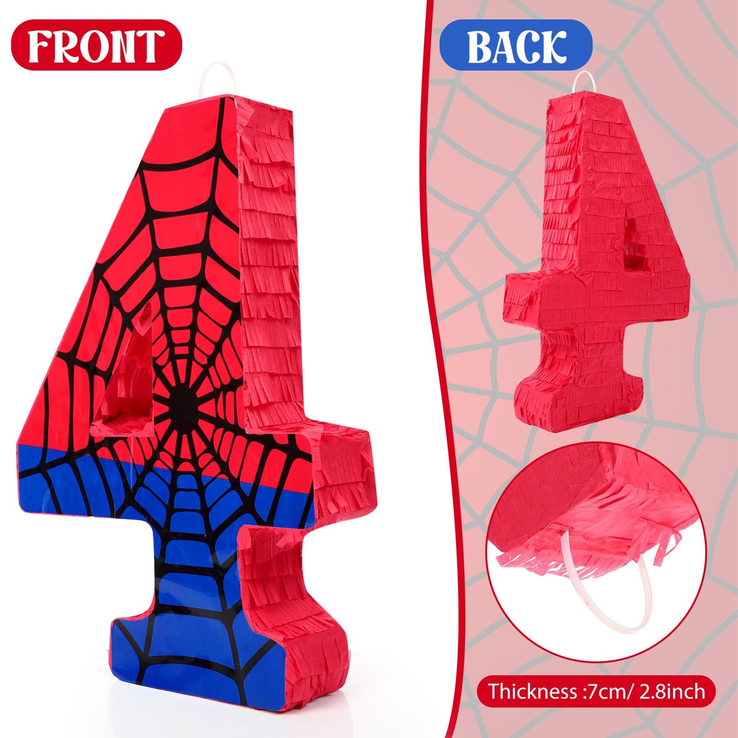 Simgoing Number 4 Spider Web Piñata Bundle – Red & Blue Party Decor, 15.75 x 11 x 2.8 in