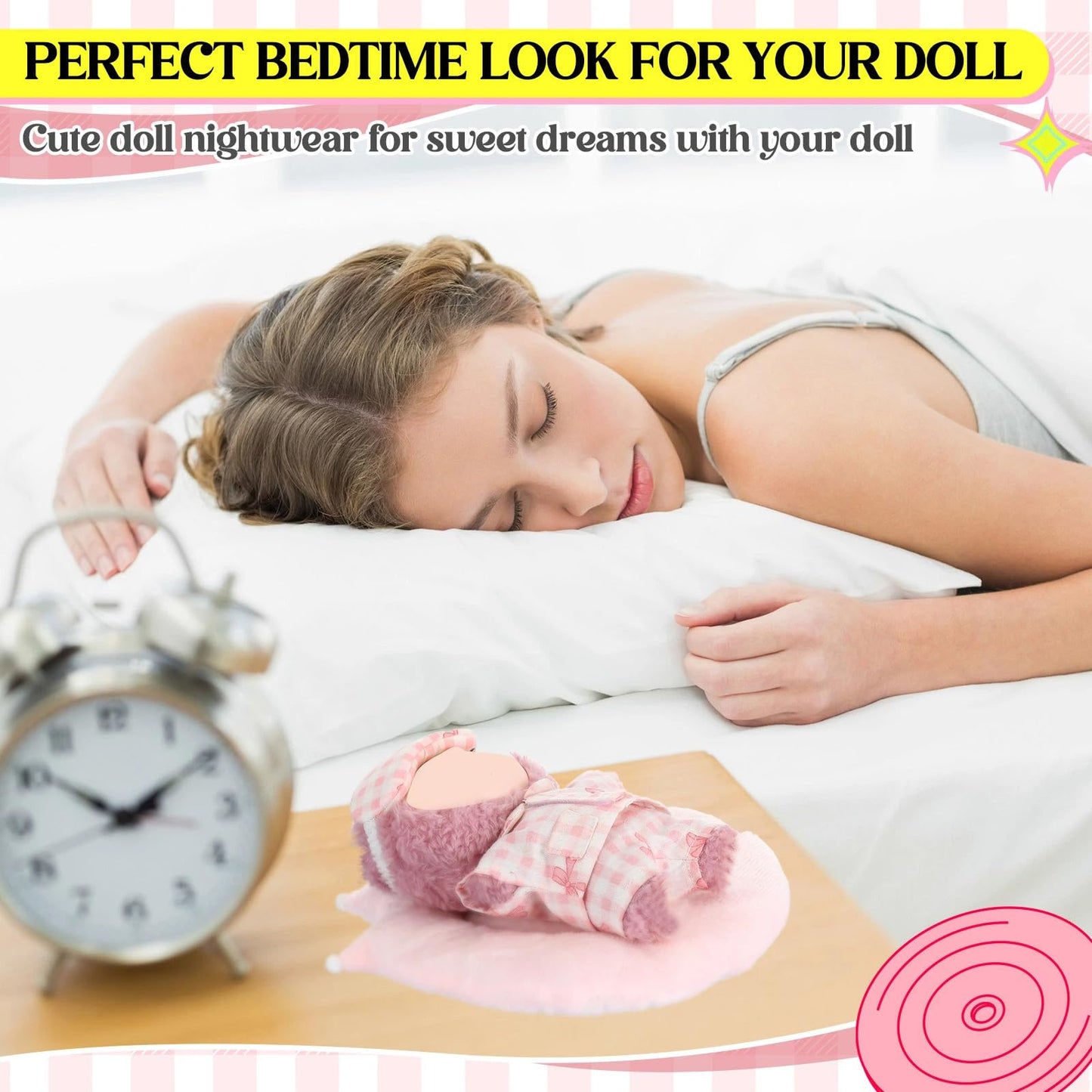 Simgoing 17cm Doll Pajama Set with Eye Mask – Pink Bow, Easy Dress-Up for 5–7 Inch Dolls