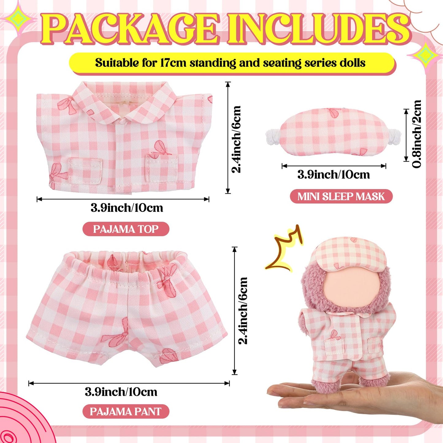 Simgoing 17cm Doll Pajama Set with Eye Mask – Pink Bow, Easy Dress-Up for 5–7 Inch Dolls