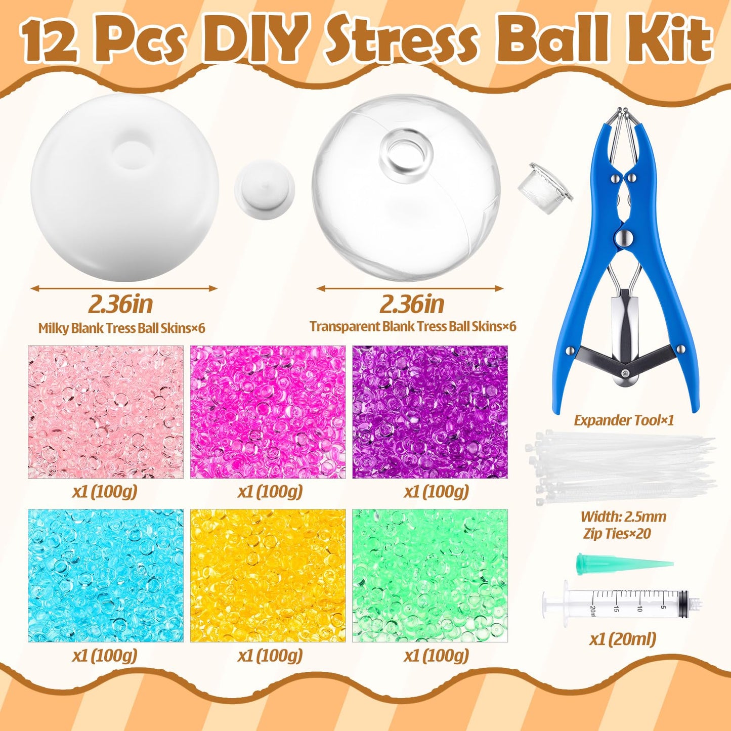 Simgoing 12-Set DIY Stress Ball Kit — Milky Blank Squeeze Balls with Beads & Tools