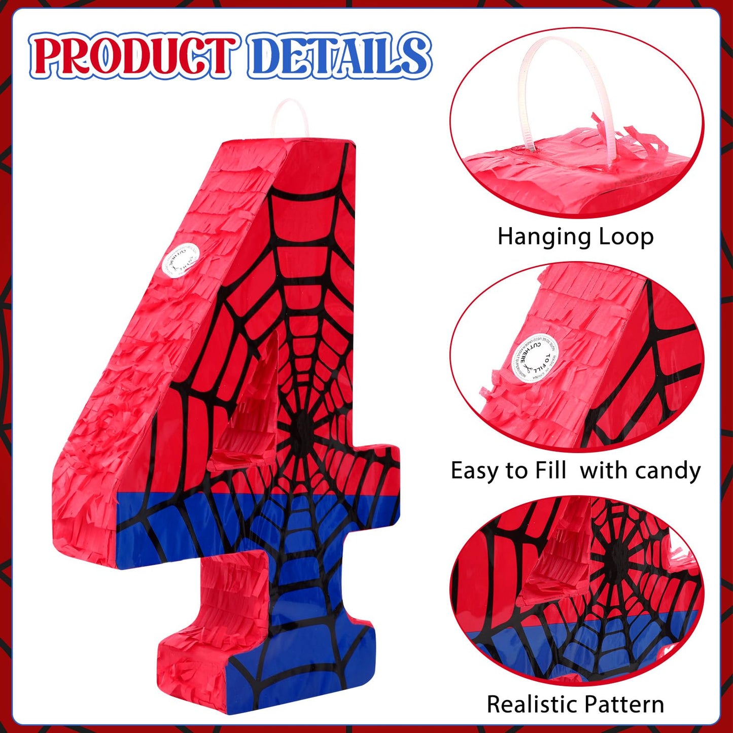 Simgoing Number 4 Spider Web Piñata Bundle – Red & Blue Party Decor, 15.75 x 11 x 2.8 in
