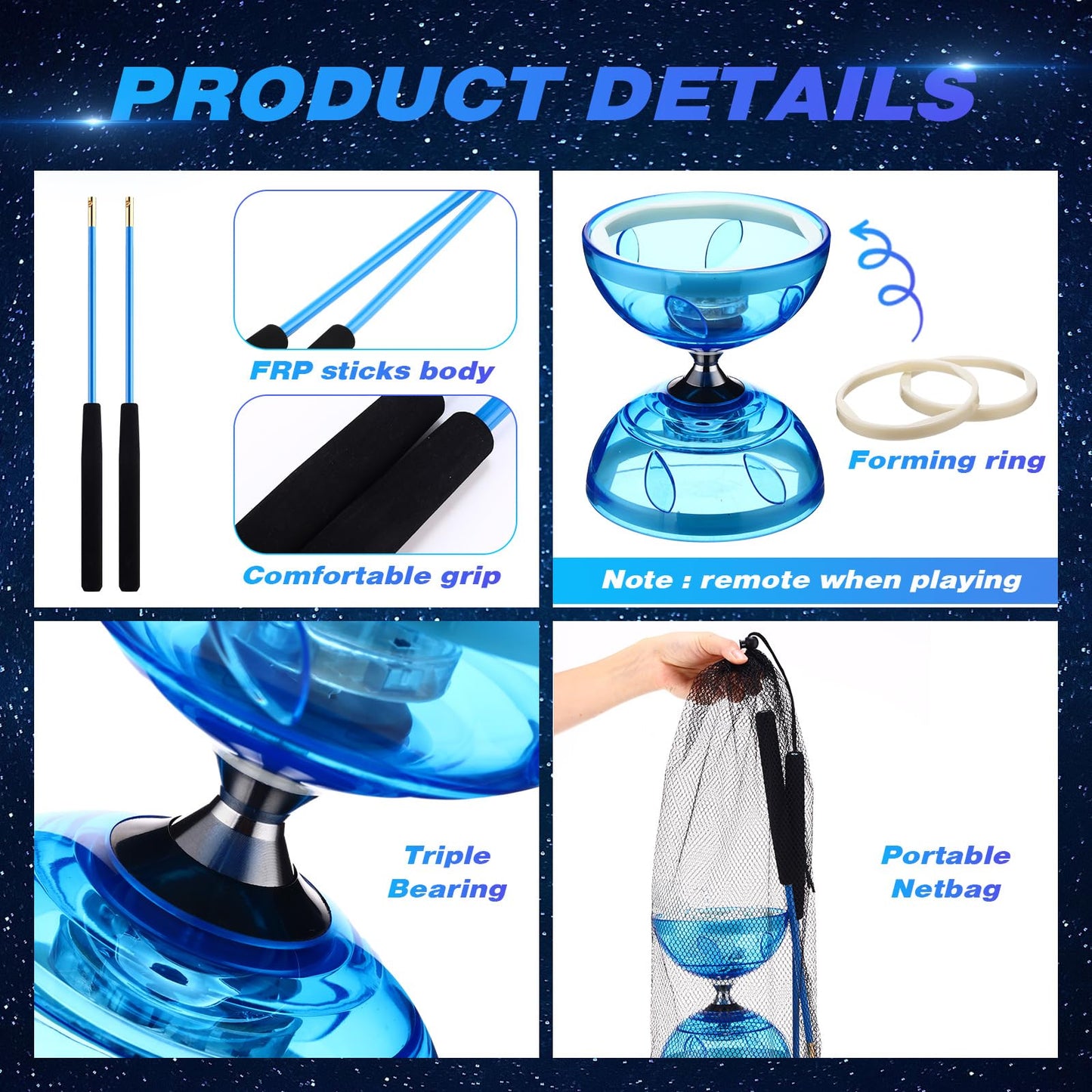 Simgoing LED Chinese Yoyo Diabolo Set – Blue Light-Up Diabolo with Sticks and Rope
