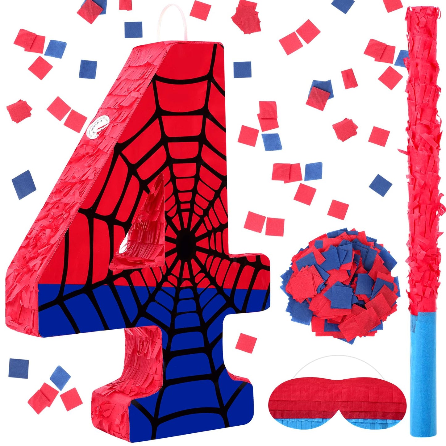 Simgoing Number 4 Spider Web Piñata Bundle – Red & Blue Party Decor, 15.75 x 11 x 2.8 in