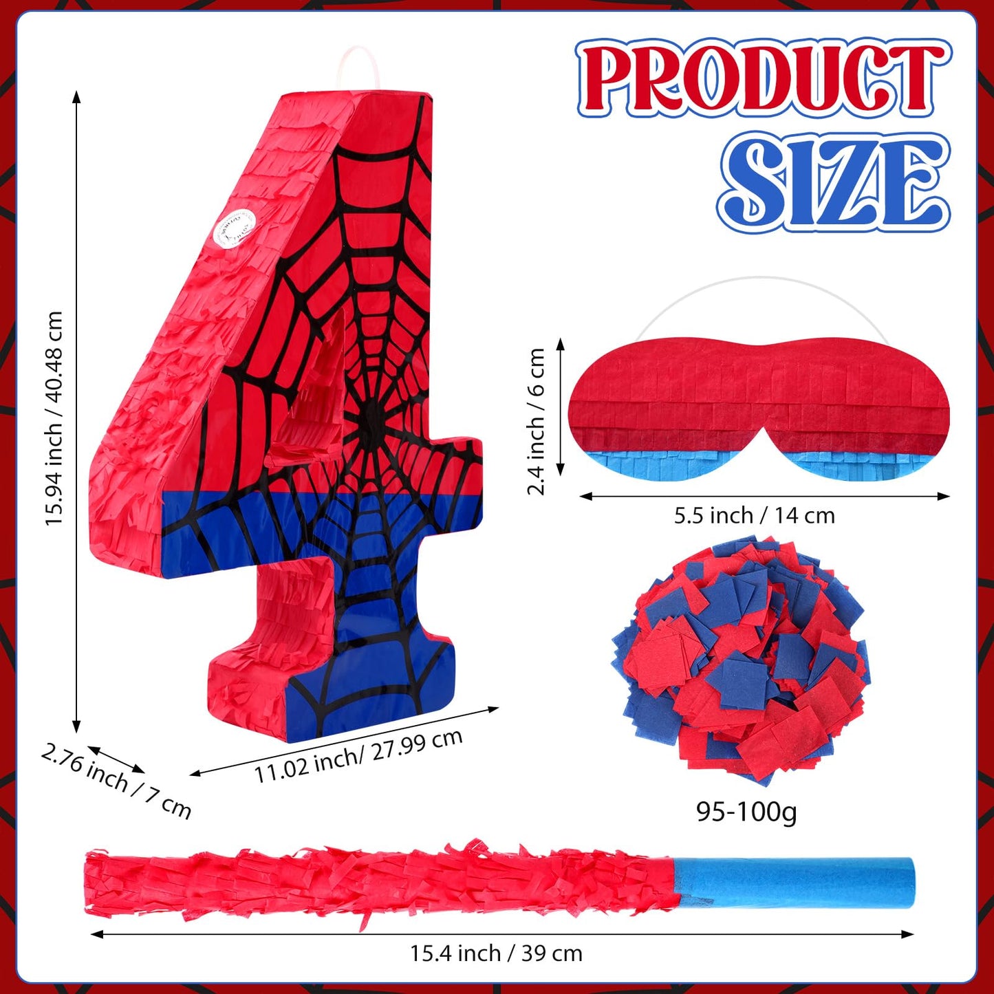 Simgoing Number 4 Spider Web Piñata Bundle – Red & Blue Party Decor, 15.75 x 11 x 2.8 in
