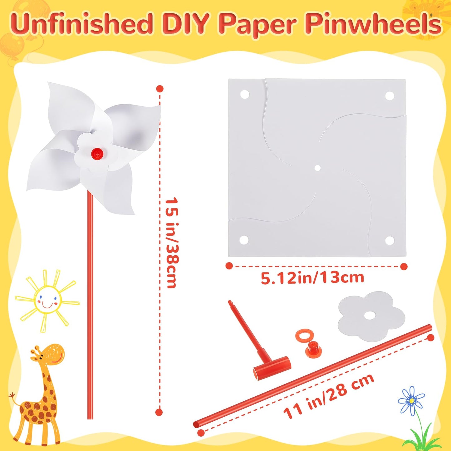 Simgoing 300 Pcs DIY Paper Pinwheels for Kids – Blank White Craft Kit, 5.12 Inch Pinwheels with Plastic Sticks