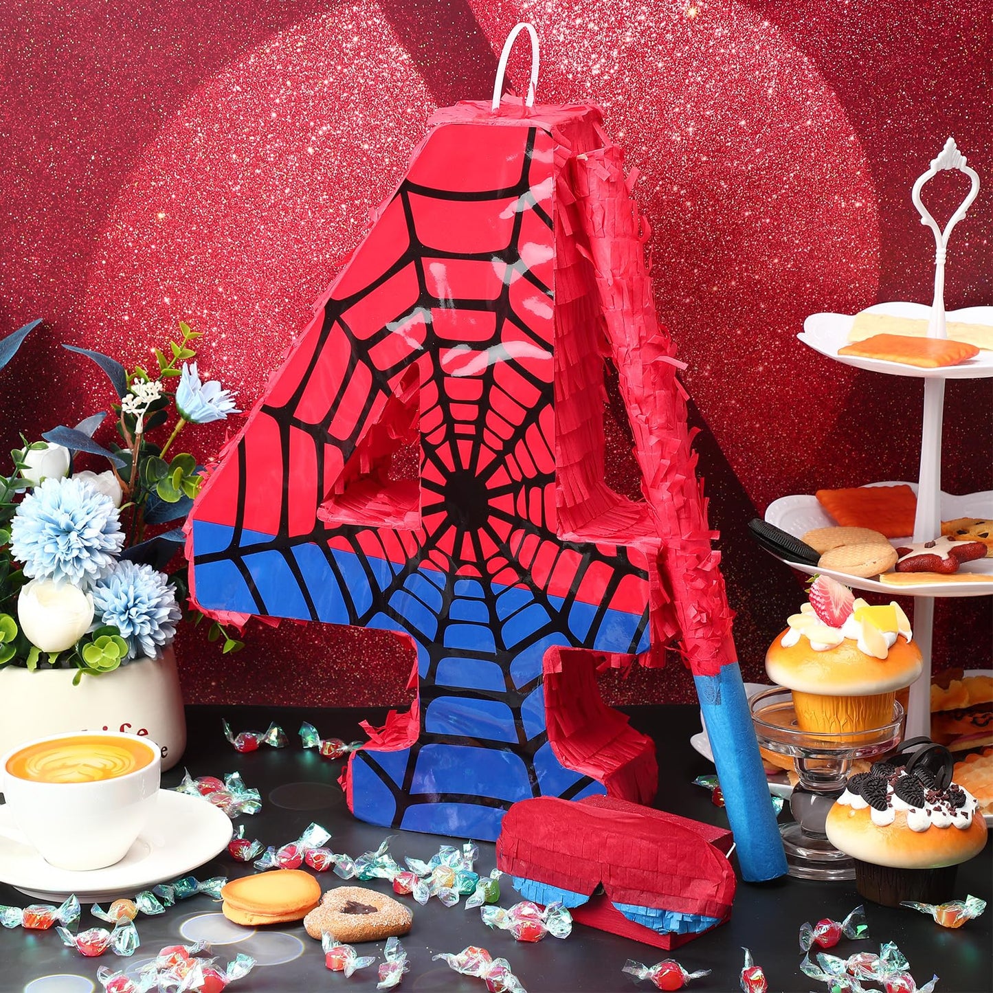 Simgoing Number 4 Spider Web Piñata Bundle – Red & Blue Party Decor, 15.75 x 11 x 2.8 in