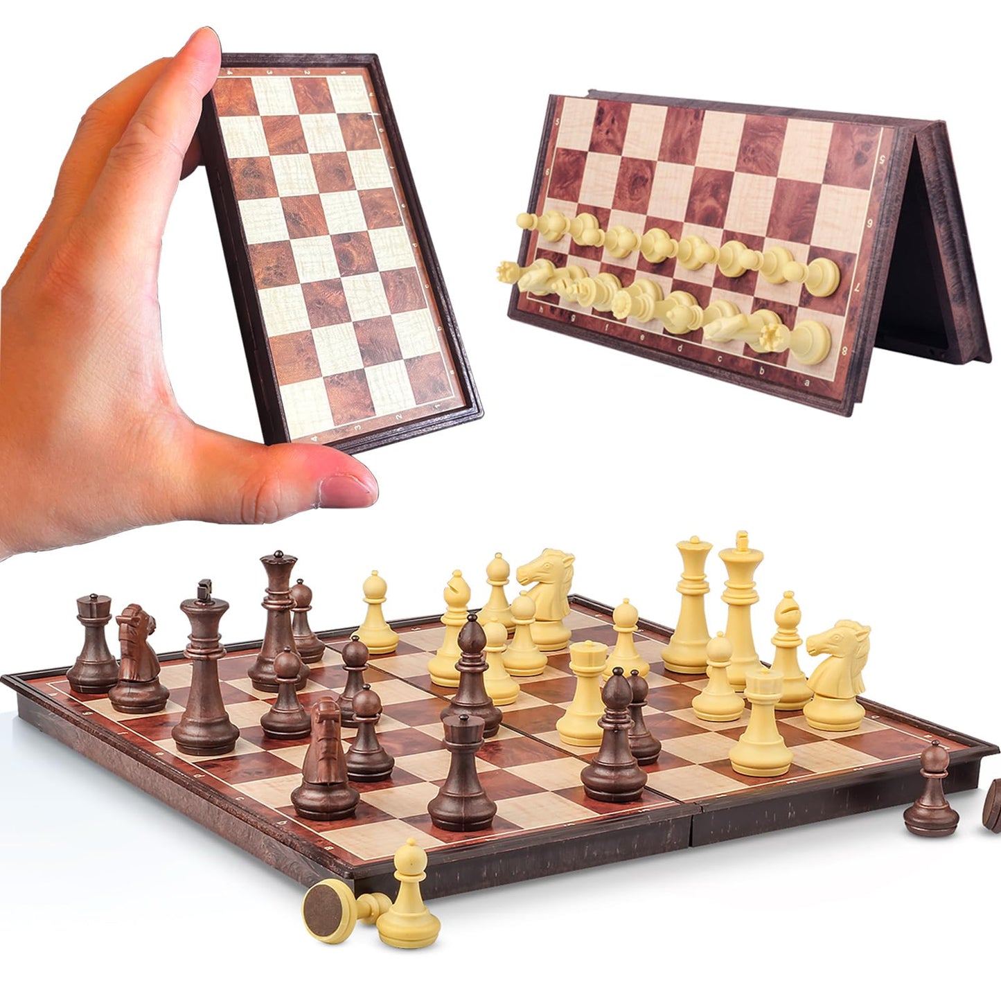 SIMPLEWIN Magnetic Travel Chess Set – 5.11-In Folding Board with Storage, Walnut-Style