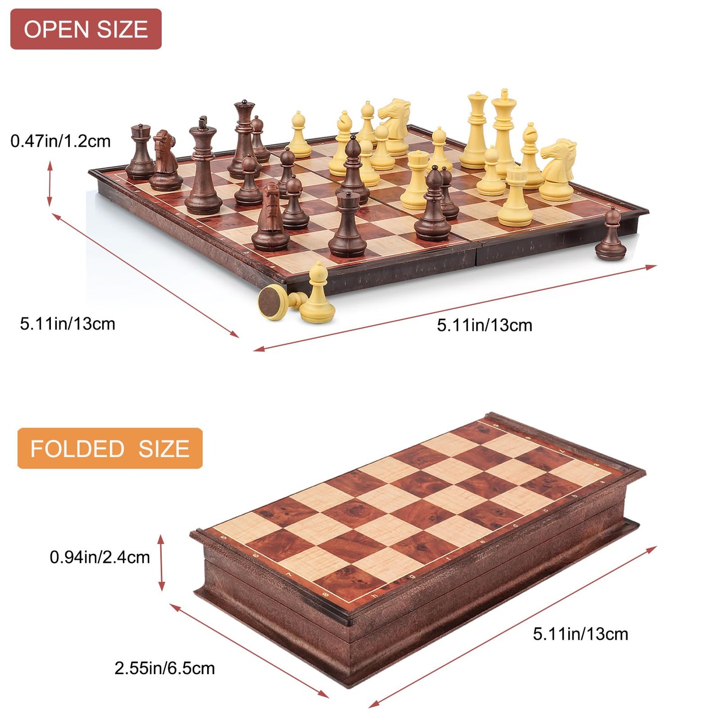 SIMPLEWIN Magnetic Travel Chess Set – 5.11-In Folding Board with Storage, Walnut-Style