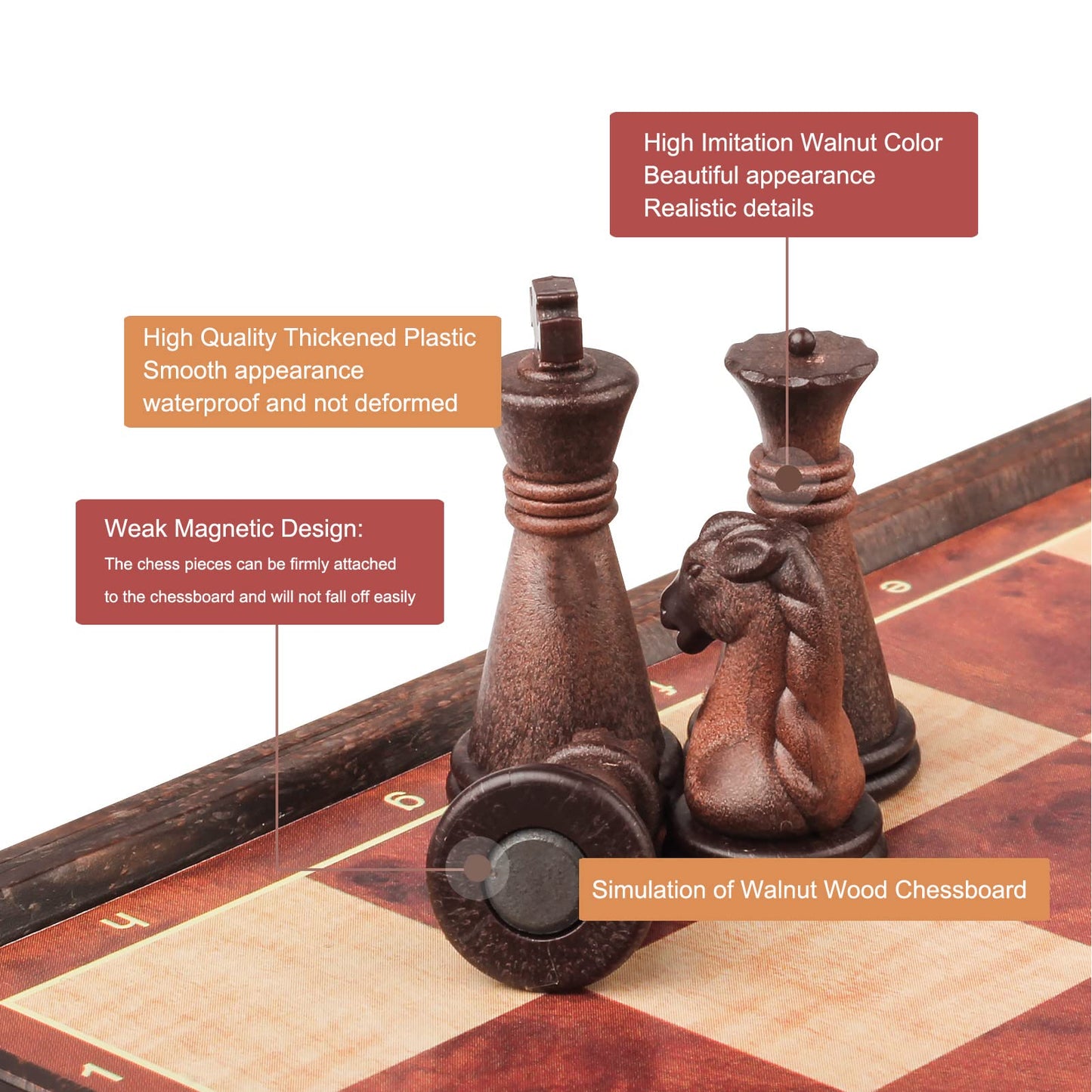 SIMPLEWIN Magnetic Travel Chess Set – 5.11-In Folding Board with Storage, Walnut-Style