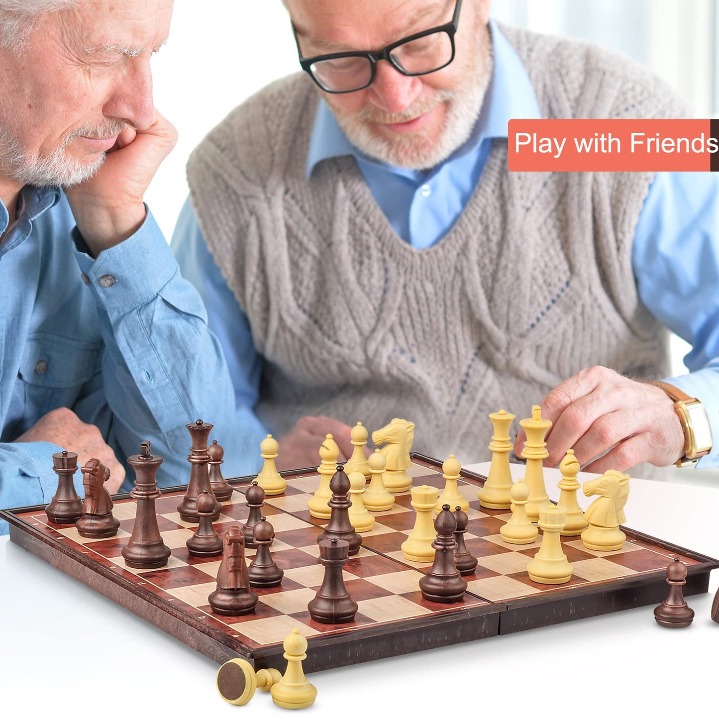 SIMPLEWIN Magnetic Travel Chess Set – 5.11-In Folding Board with Storage, Walnut-Style