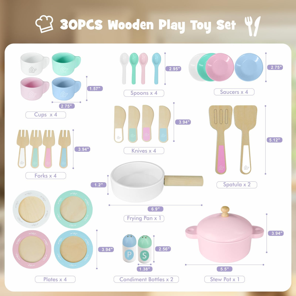 SIMPLIPLAY Wooden Toy Plates & Dishes – 30-Piece Montessori Kitchen Set for Toddlers