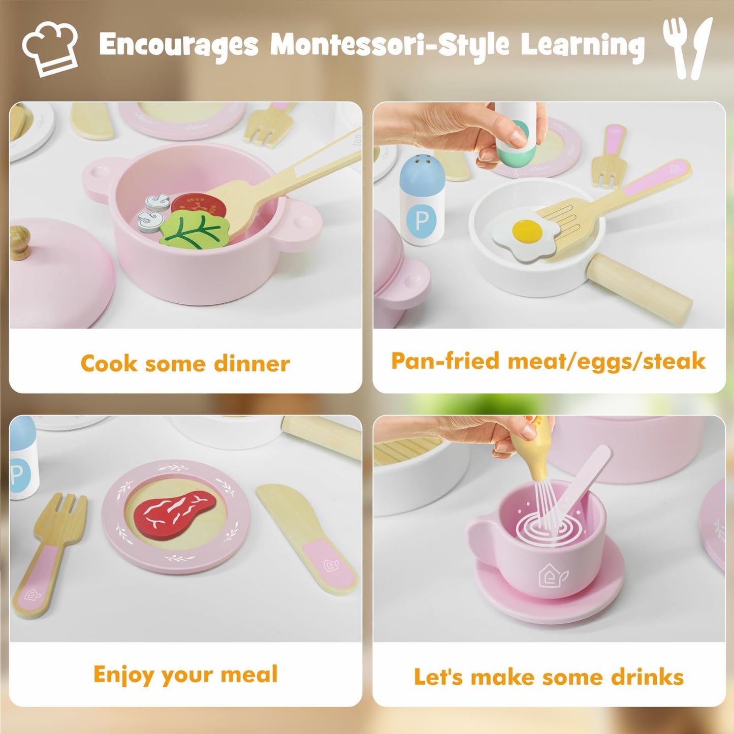 SIMPLIPLAY Wooden Toy Plates & Dishes – 30-Piece Montessori Kitchen Set for Toddlers