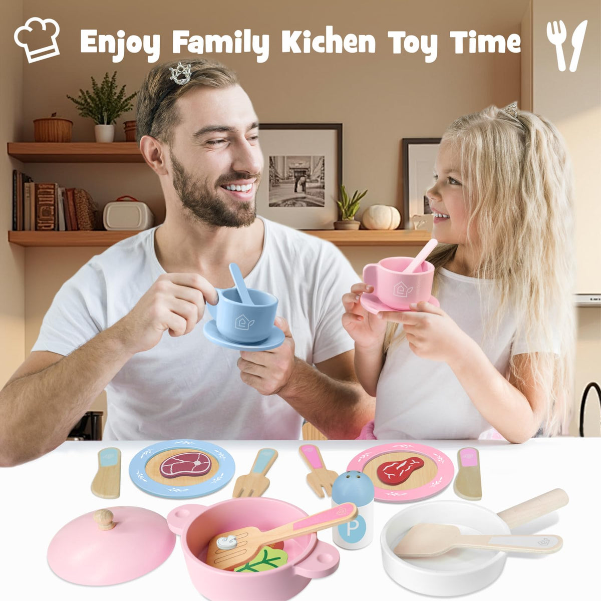 SIMPLIPLAY Wooden Toy Plates & Dishes – 30-Piece Montessori Kitchen Set for Toddlers