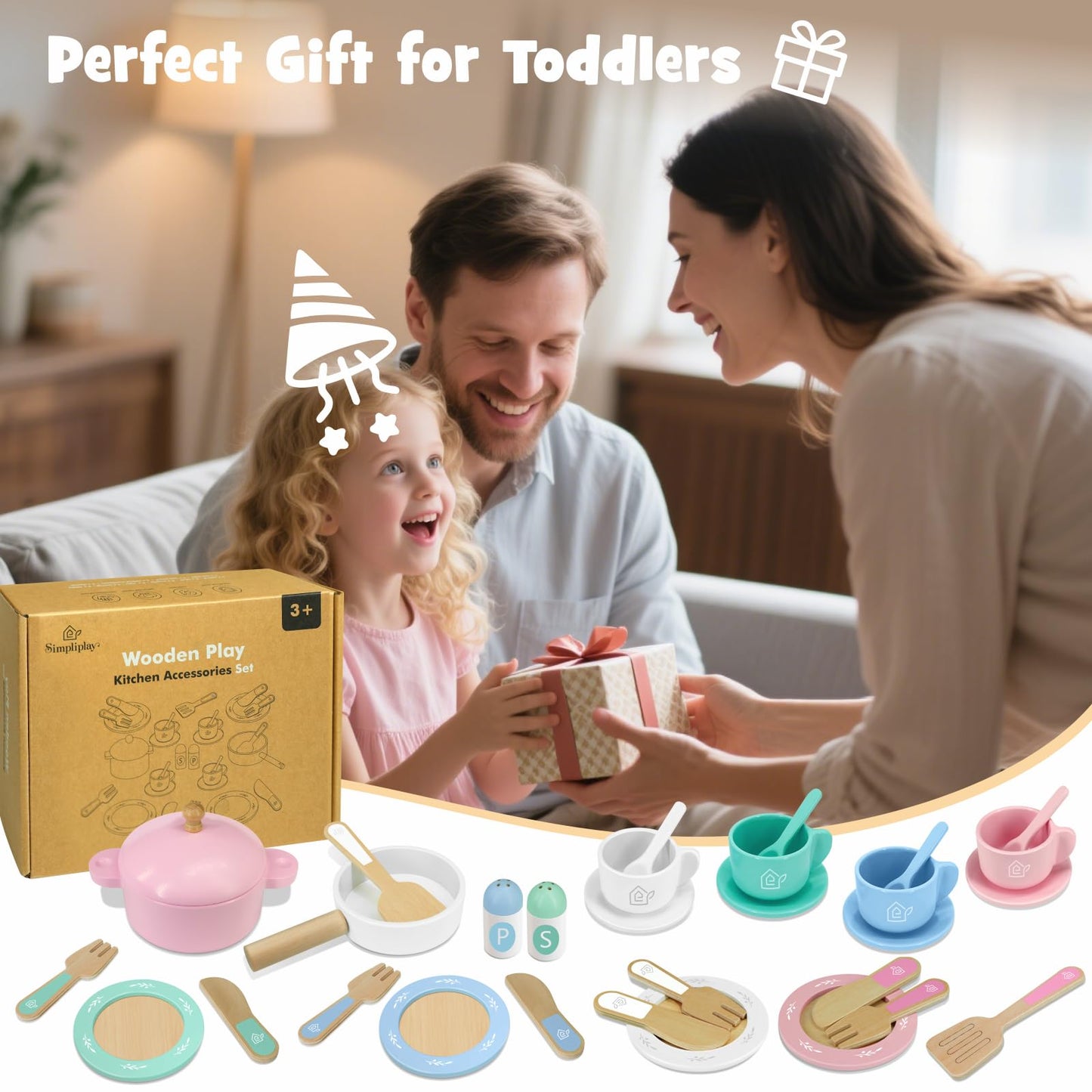 SIMPLIPLAY Wooden Toy Plates & Dishes – 30-Piece Montessori Kitchen Set for Toddlers