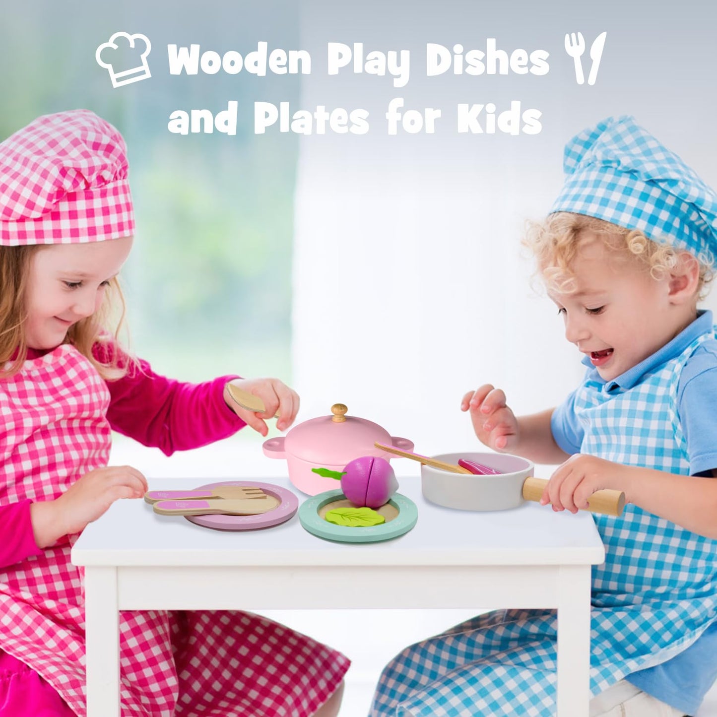 SIMPLIPLAY Wooden Toy Plates & Dishes – 30-Piece Montessori Kitchen Set for Toddlers