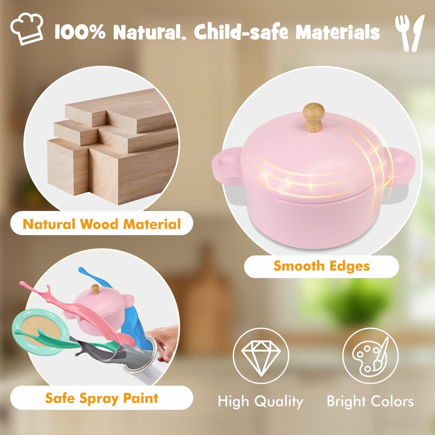 SIMPLIPLAY Wooden Toy Plates & Dishes – 30-Piece Montessori Kitchen Set for Toddlers