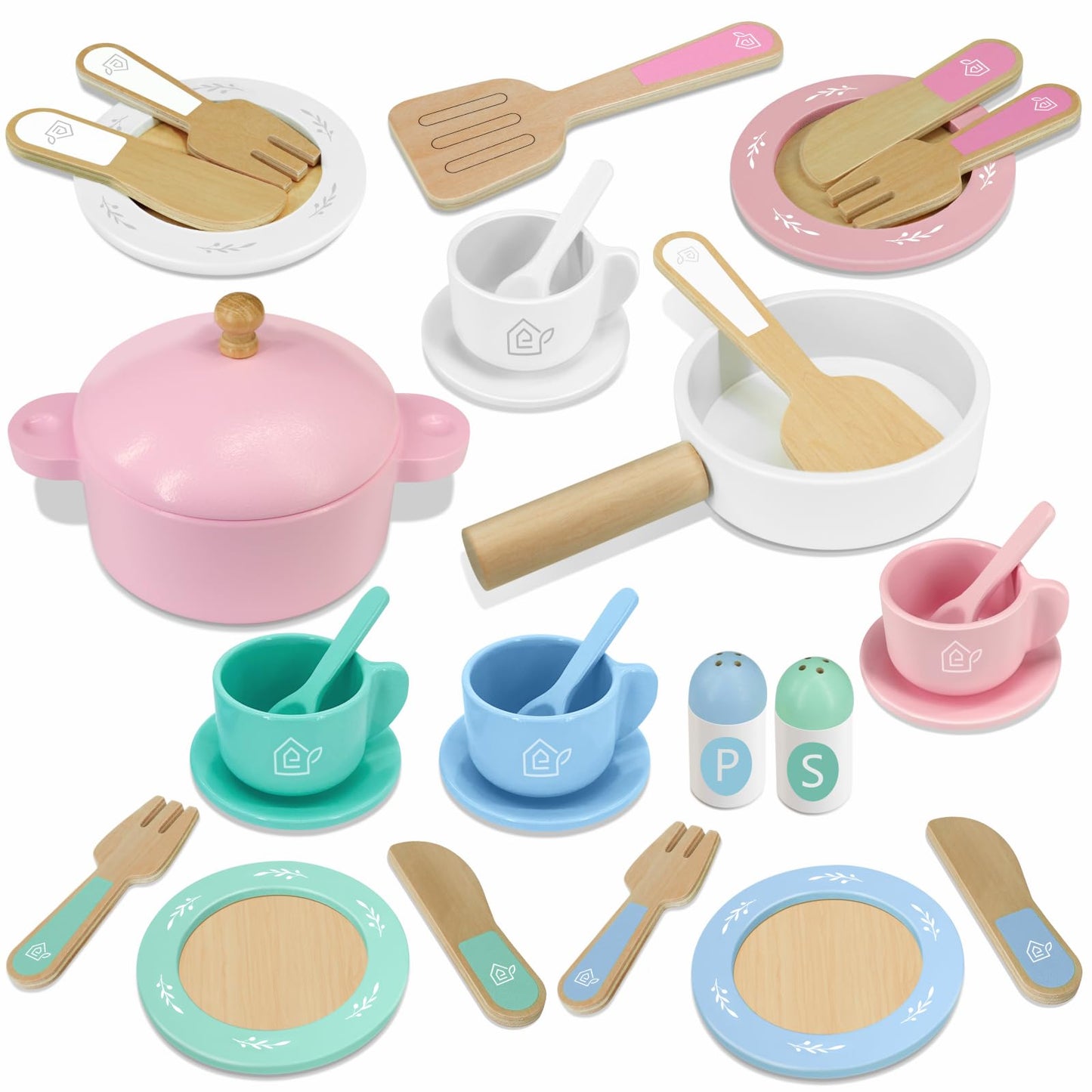 SIMPLIPLAY Wooden Toy Plates & Dishes – 30-Piece Montessori Kitchen Set for Toddlers