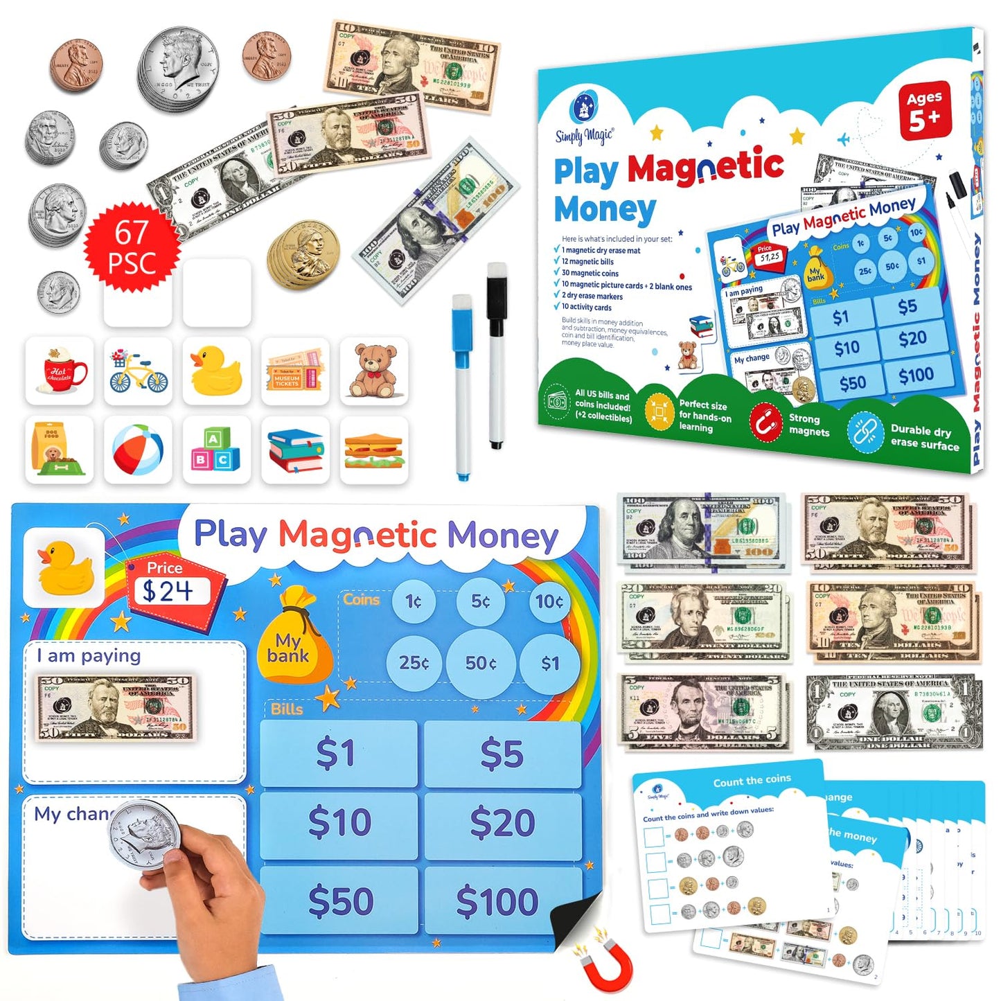 Simply Magic 67-Piece Magnetic Play Money Set for Classroom Learning