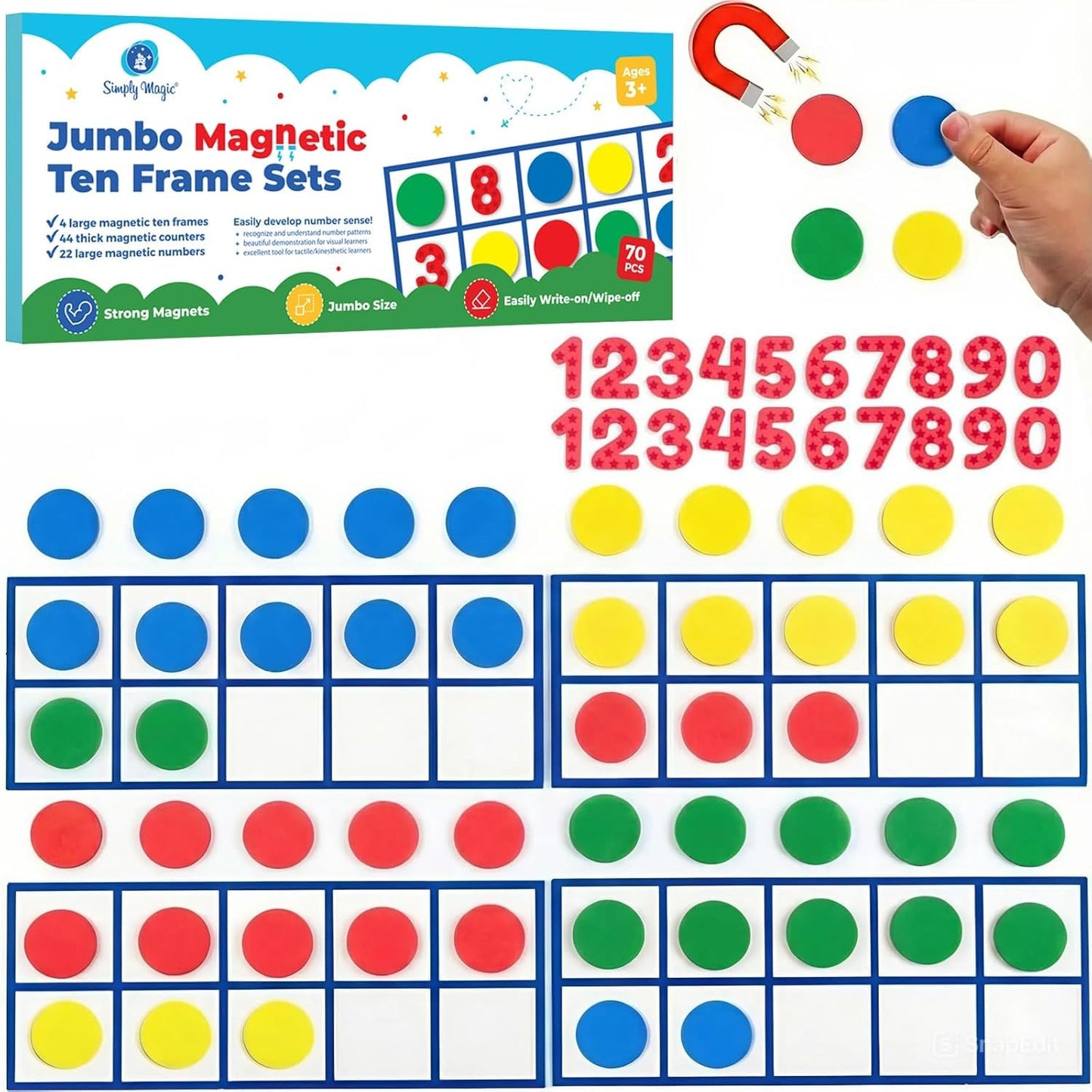 Simply Magic 70-Piece Magnetic Ten Frames Set | Jumbo Classroom Math Manipulatives (4 Ten Frames + 44 Counters)