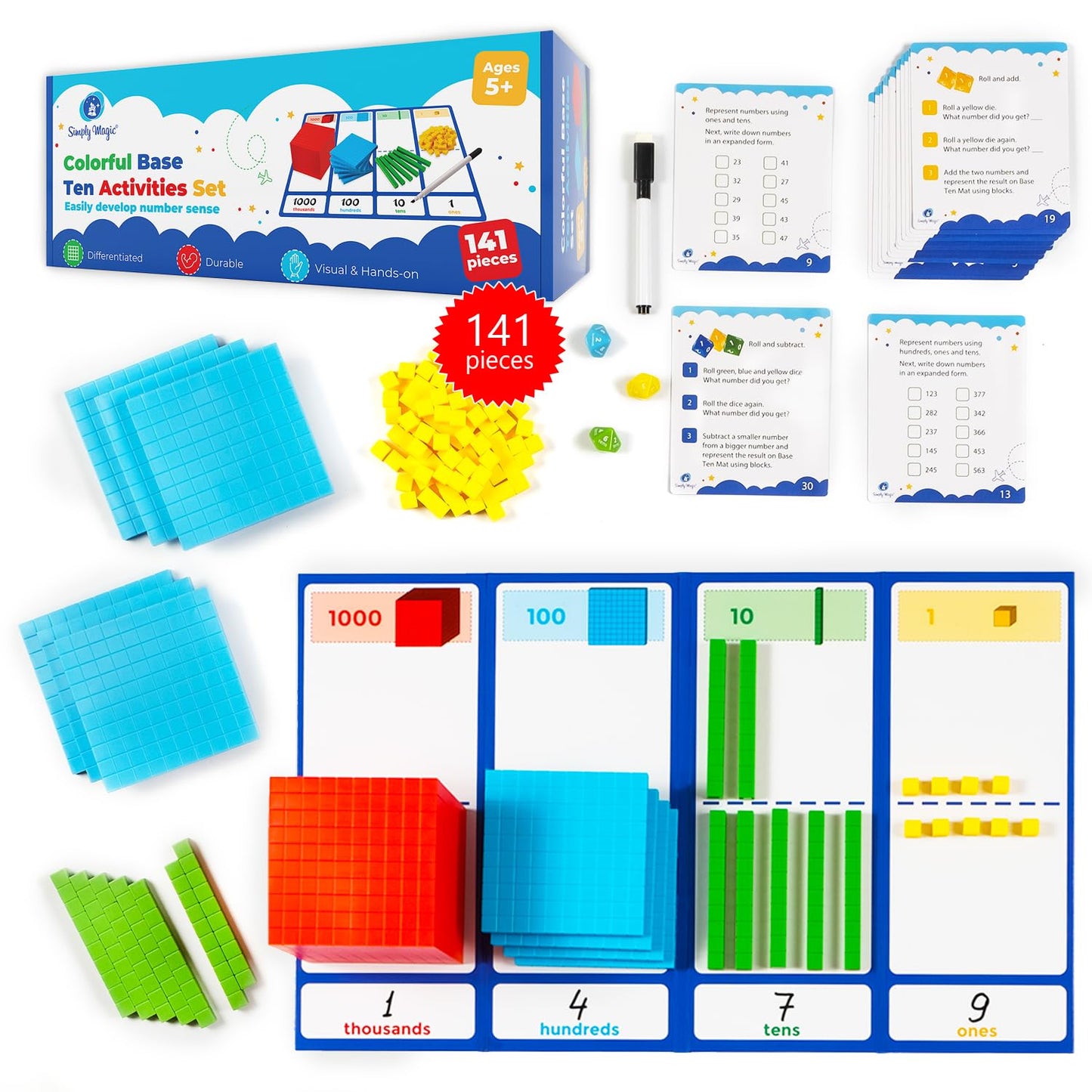 Simply Magic 140+1 PCS Colorful Base Ten Blocks & Activities Set | Place Value Math Manipulatives