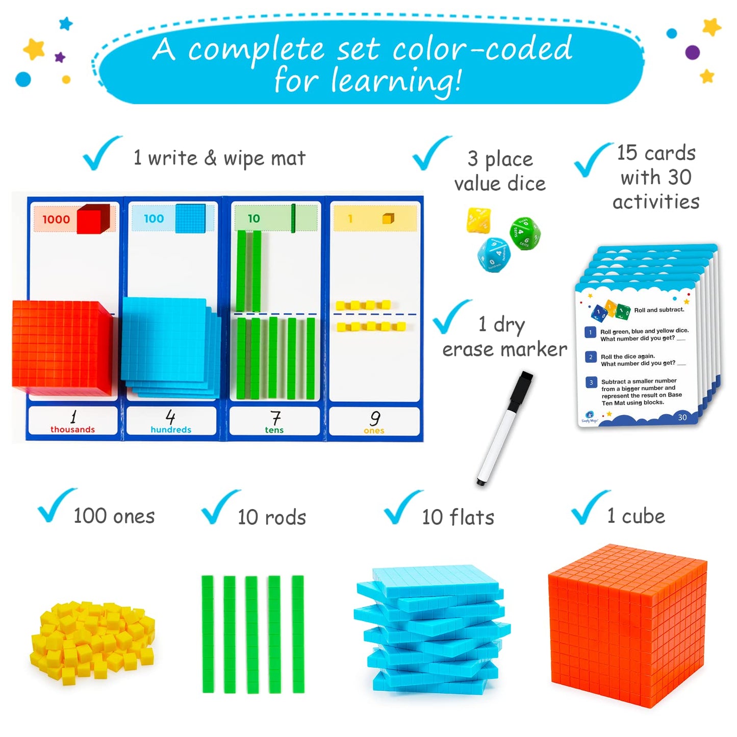 Simply Magic 140+1 PCS Colorful Base Ten Blocks & Activities Set | Place Value Math Manipulatives