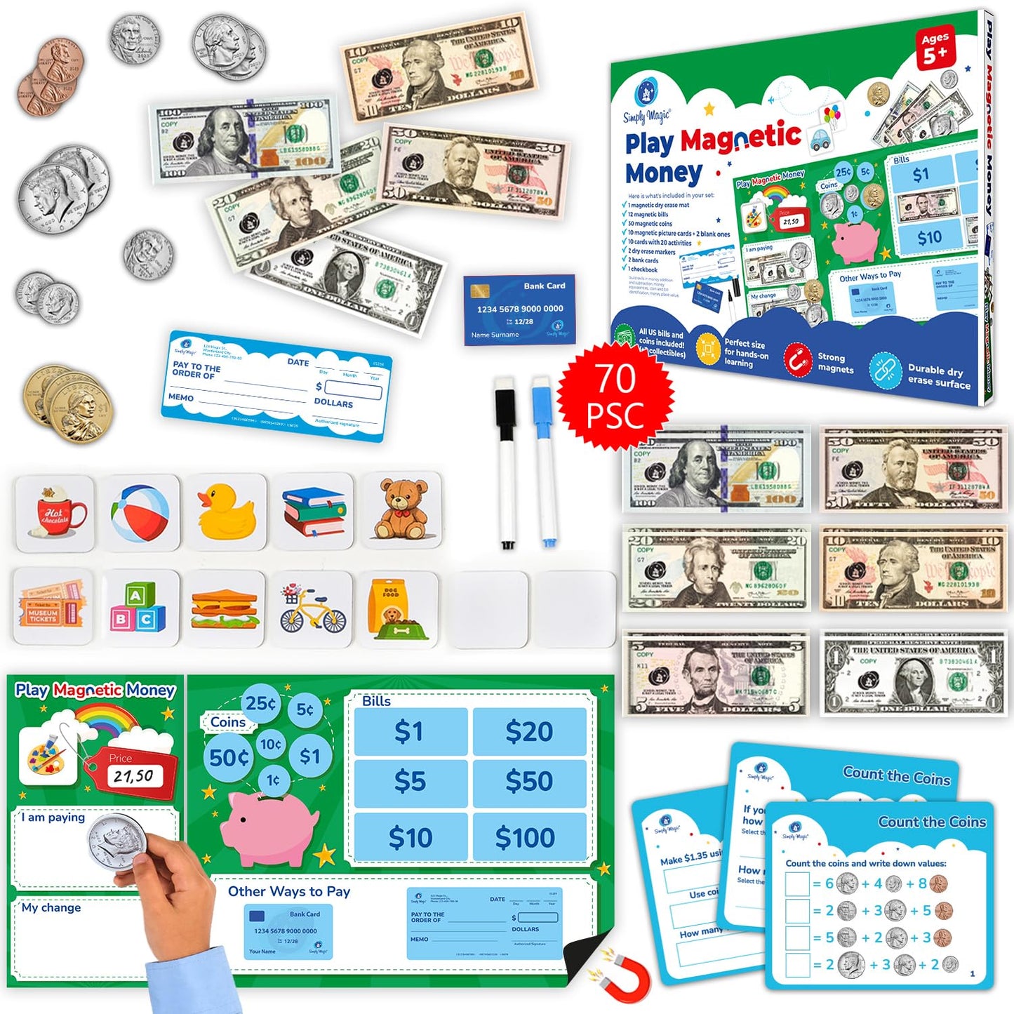 Simply Magic 70-Piece Magnetic Money for Classroom – Teaching Money Manipulatives & Activities