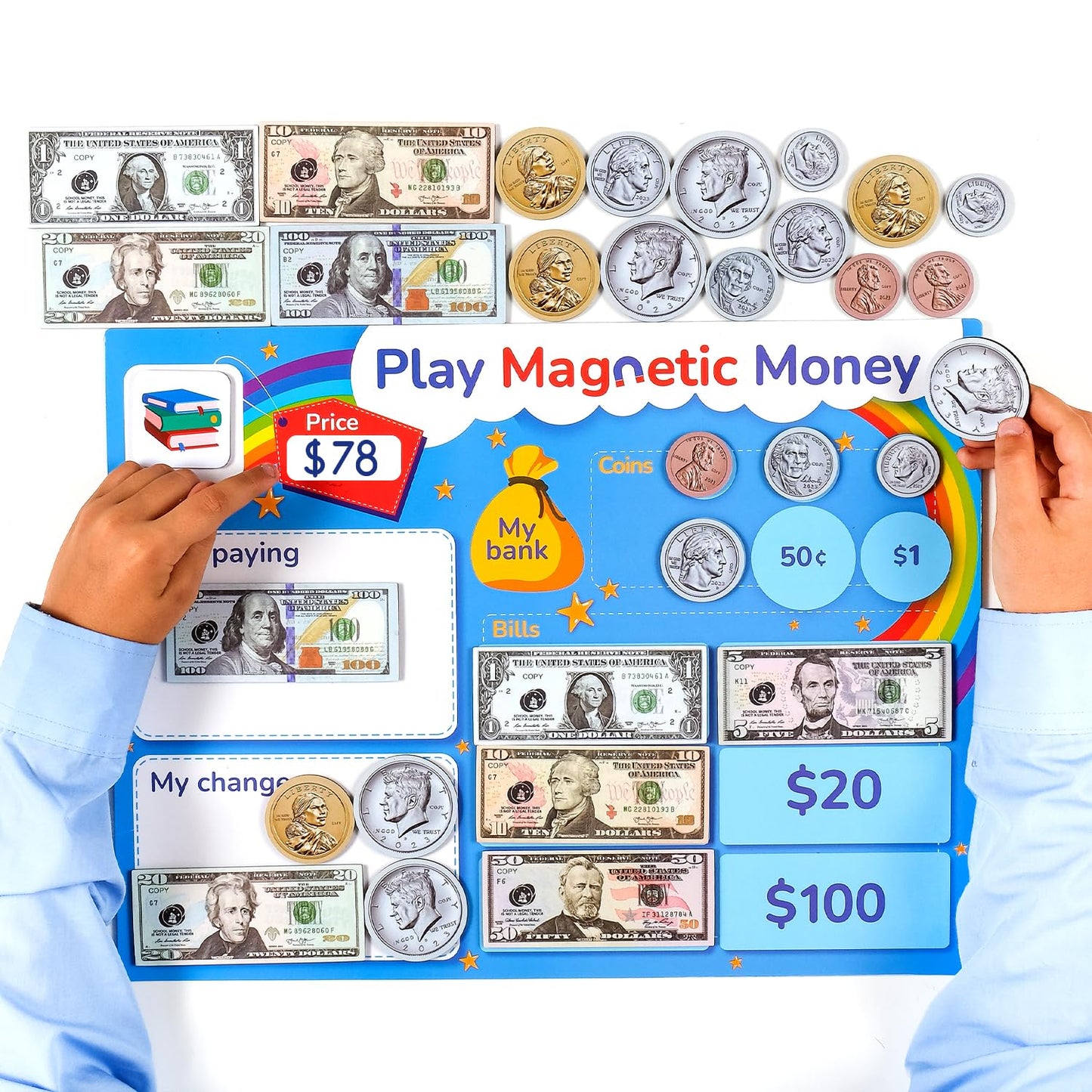 Simply Magic 67-Piece Magnetic Play Money Set for Classroom Learning