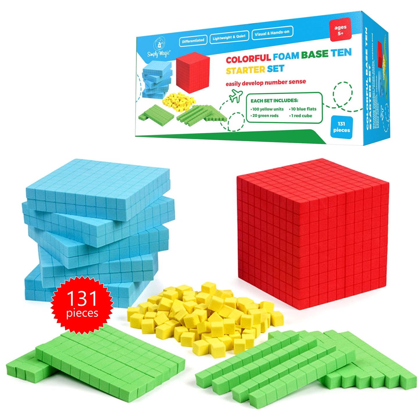 Simply Magic 131 PCS Foam Base Ten Blocks – Place Value Math Manipulatives for K-3