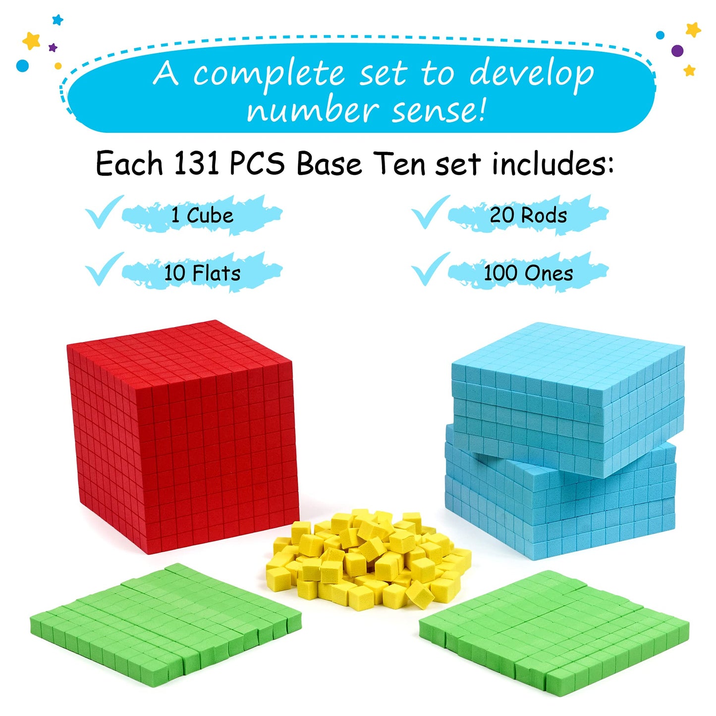 Simply Magic 131 PCS Foam Base Ten Blocks – Place Value Math Manipulatives for K-3