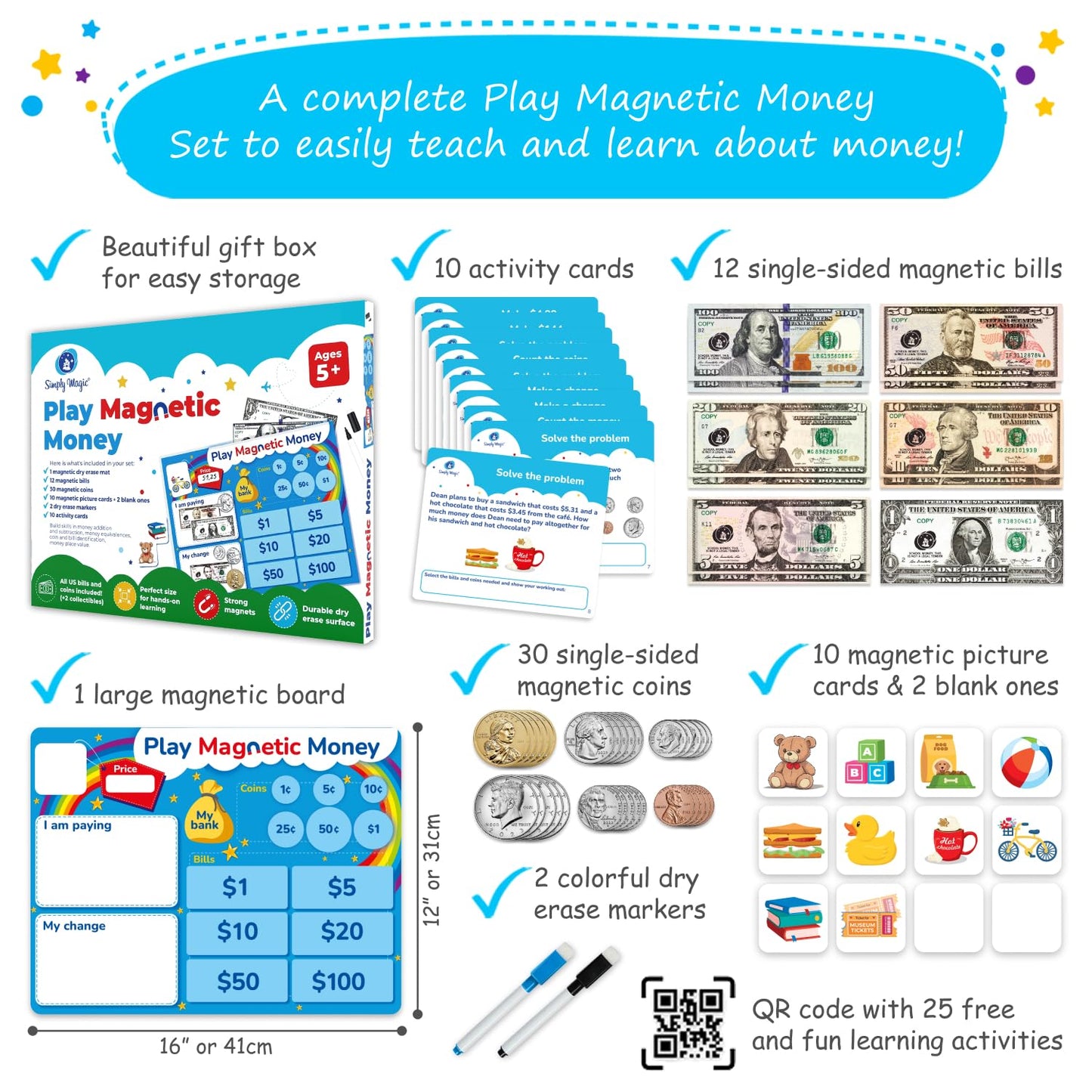 Simply Magic 67-Piece Magnetic Play Money Set for Classroom Learning